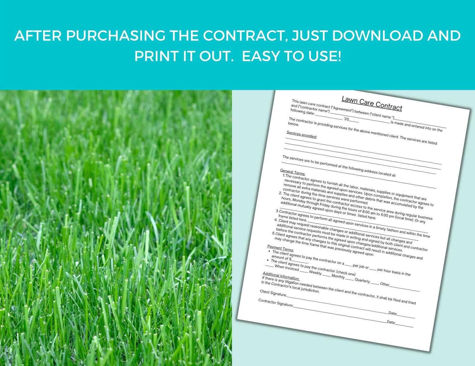 Simple Lawn Care Contract, Landscaping Business Contract, Basic Lawn ...