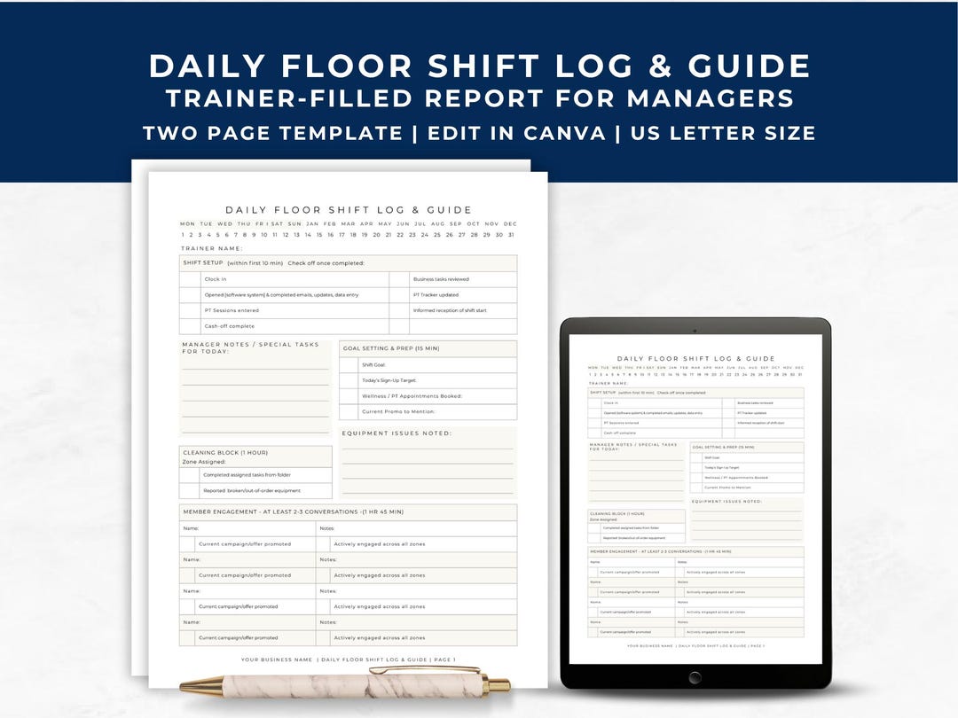 Daily Floor Shift Log for Personal Trainers, Fitness Staff Guide, Time ...