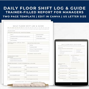 May include: A two-page template titled "DAILY FLOOR SHIFT LOG & GUIDE" for managers, with the text "TRAINER-FILLED REPORT FOR MANAGERS" and "EDIT IN CANVA | US LETTER SIZE". The template is displayed on paper and a tablet.