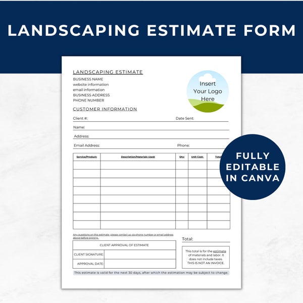 Landscape Estimate Template, Solo Operator Lawn Care, Landscaping Business Forms, Yard Care Estimate Template, Lawn Maintenance Quote, LC01