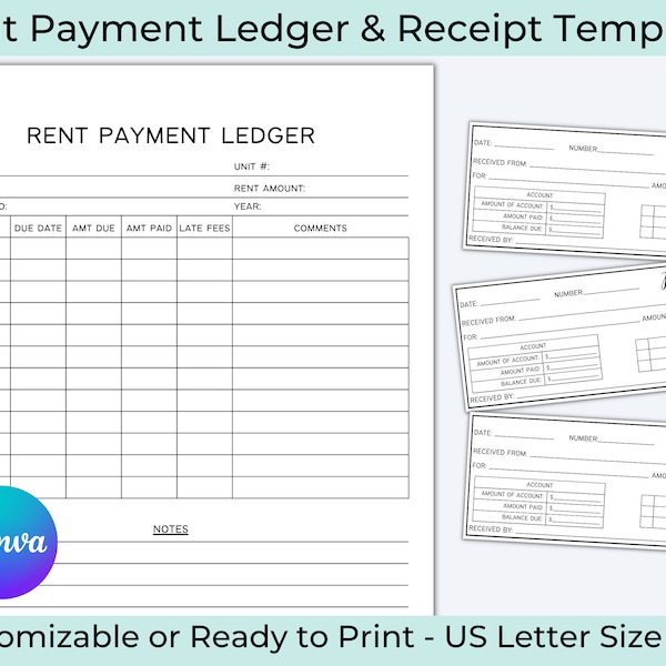 Printable Rent Payment Ledger, Monthly Rent Payment, Landlord Ledger, Easy to Use Rent Tracker, Rental Property Forms, Rent Receipt Template