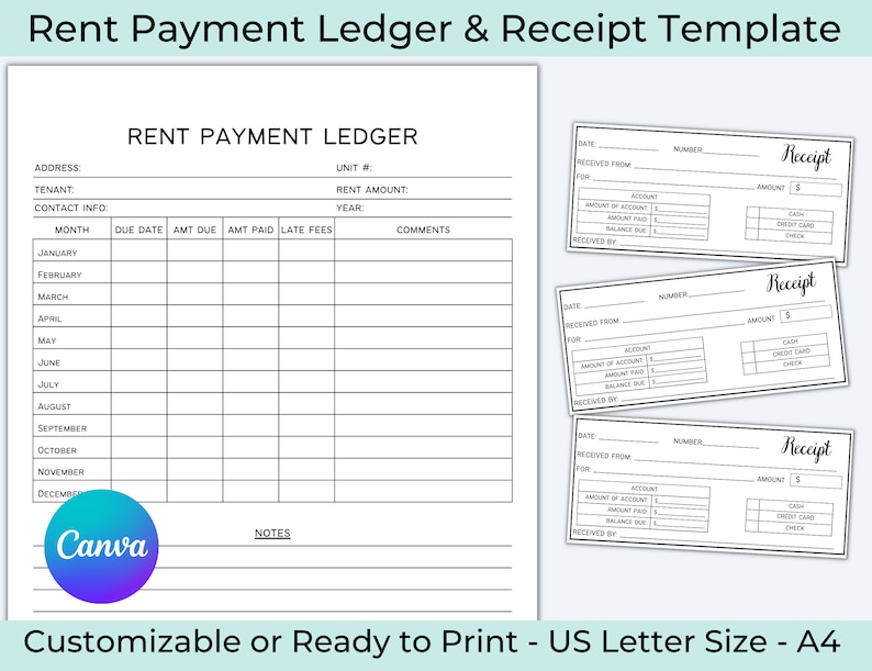 Printable Rent Payment Ledger, Monthly Rent Payment, Landlord Ledger ...
