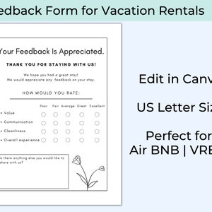 Vacation Rental Feedback Form, VRBO Host, Printable Guest Feedback, Airbnb Template, Comment Card, Short Term Rental, Guest Questionnaire