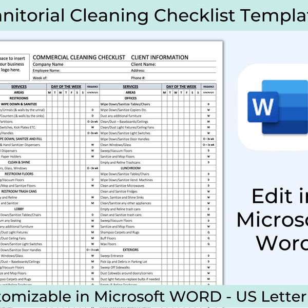 Checklist for Cleaning Service, Janitorial Cleaning Checklist, Janitorial Frequency Chart, Janitors Schedule, Commercial Cleaning Business,