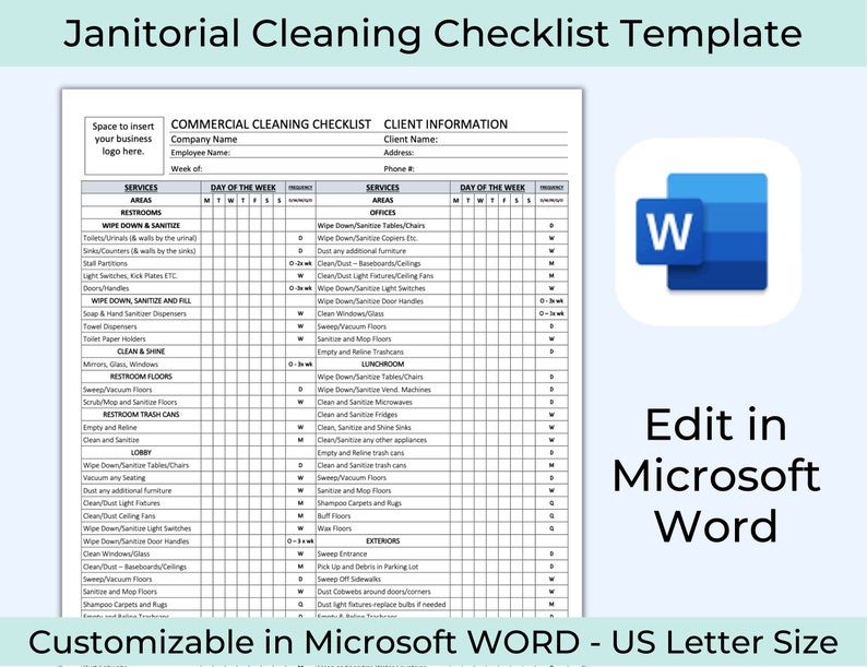 Checklist for Cleaning Service, Janitorial Cleaning Checklist