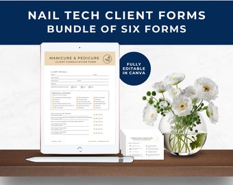 Nail Tech Client Consultation Form, Client Consent Form, Client Treatment Record, Client Intake Form, Weekly Planner, Champagne Gold, NT01