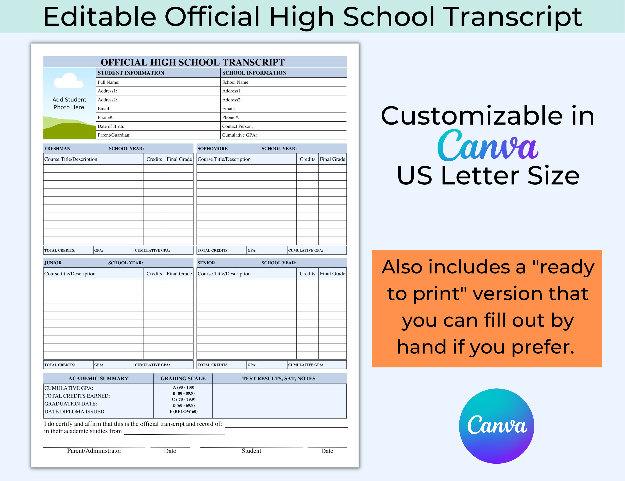 School Transcript Template Editable Official Homeschool Etsy Canada