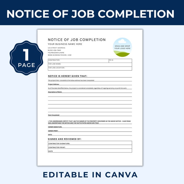 Notice of Job Completion Template, Job Completion Letter, Project Completion, Contractor, Construction, Builder, Project Management Form