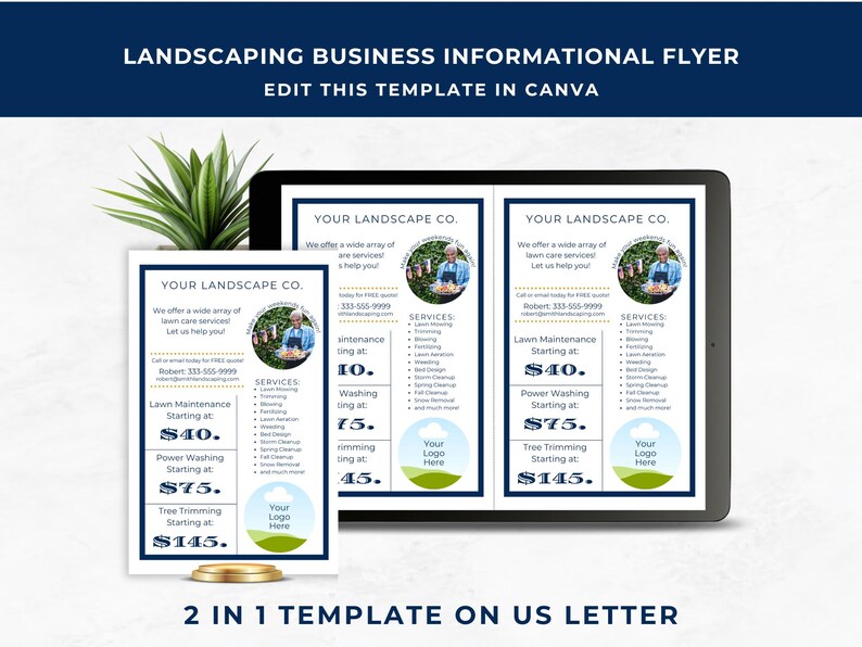 May include: A blue and white flyer template for a landscaping business. The flyer features a photo of a person holding a pair of gardening shears. The flyer includes the text "Your Landscape Co." and lists services such as lawn maintenance, power washing, and tree trimming with starting prices. The flyer also includes a space for a logo.