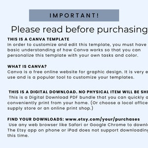 May include: A blue and white graphic with the text "IMPORTANT! Please read before purchasing." and four numbered points explaining how to use a Canva template, what Canva is, that the product is a digital download, and how to find your downloads.