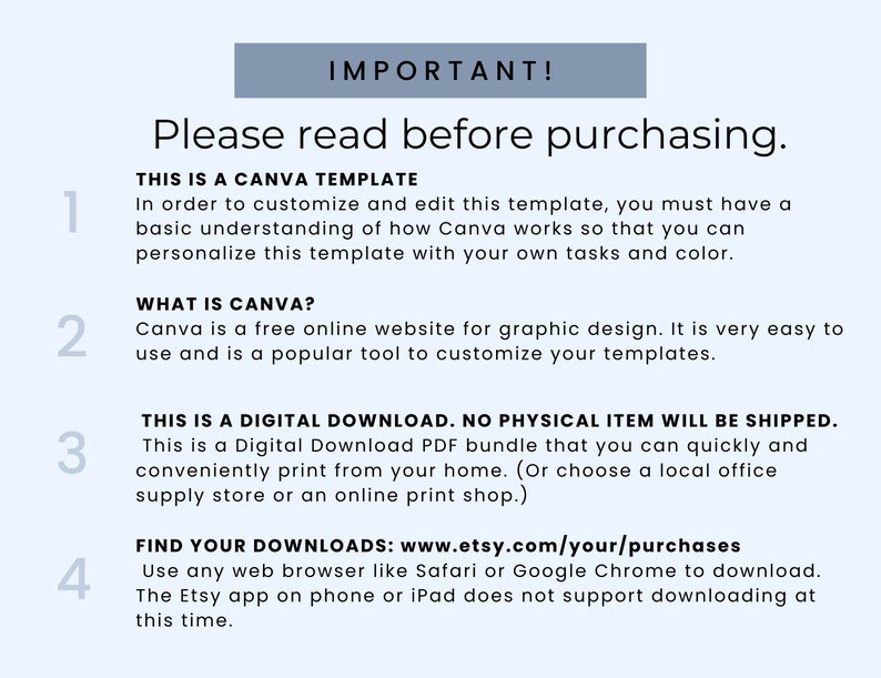 May include: A blue and white graphic with the text "IMPORTANT! Please read before purchasing." and four numbered points explaining how to use a Canva template, what Canva is, that the product is a digital download, and how to find your downloads.