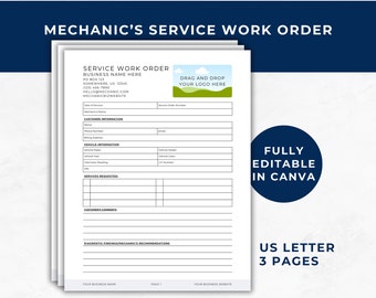 May include: A black and white service work order template for a mechanic's business. The template includes sections for customer information, vehicle information, services requested, customer comments, and diagnostic findings/mechanic's recommendations. The template is fully editable in Canva and is designed for US Letter size paper. The template is three pages long.