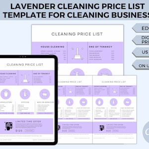 Cleaning Price List, Editable Cleaning Service Price List, Residential Cleaning Business, Lavender Price List for Professional Cleaners