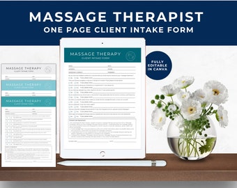 Massage Therapist Client Form, Intake Form Template For Massage Therapy, Client Intake Form, Medical History, Consultation Form, Teal, MT01