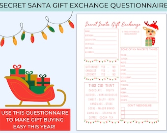 May include: A printable Secret Santa gift exchange questionnaire with a red and green Christmas theme. The questionnaire includes sections for name, birthday, occupation, shirt size, hat size, allergies, and favorite things. It also includes a "This or That" section with options like chocolate or fruity, alcohol or non-alcoholic, sweet or salty, handmade or store, local or major brand, going out or staying in, and coffee, cocoa, or tea.