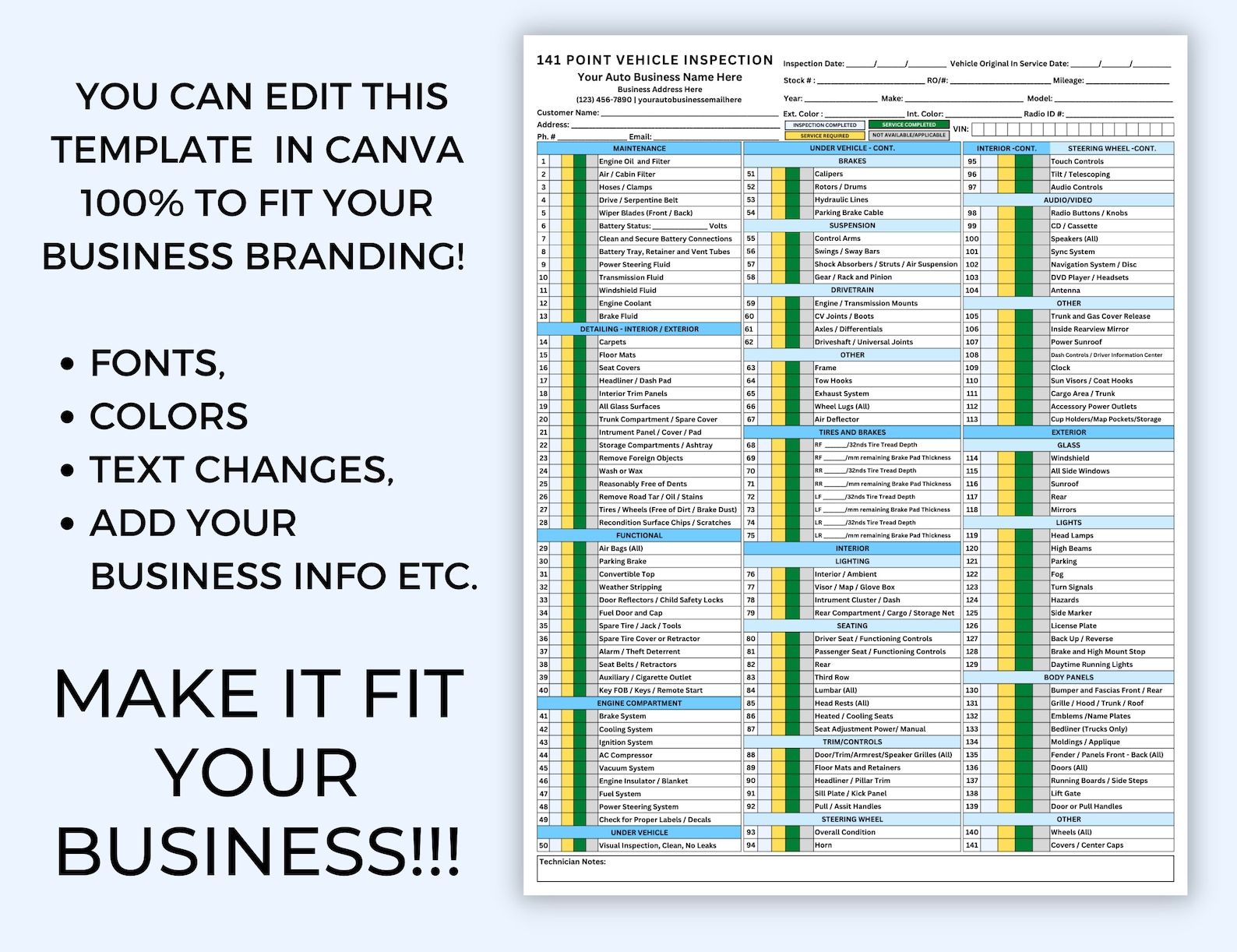 Comprehensive Vehicle Inspection Checklist, 141 Point Vehicle ...