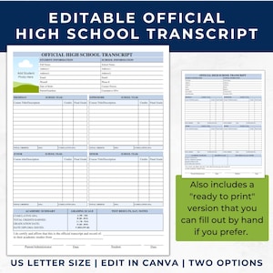 High School Transcript Template, Editable Official Homeschool Transcript, Transcript for College Application, Student Transcript Generator