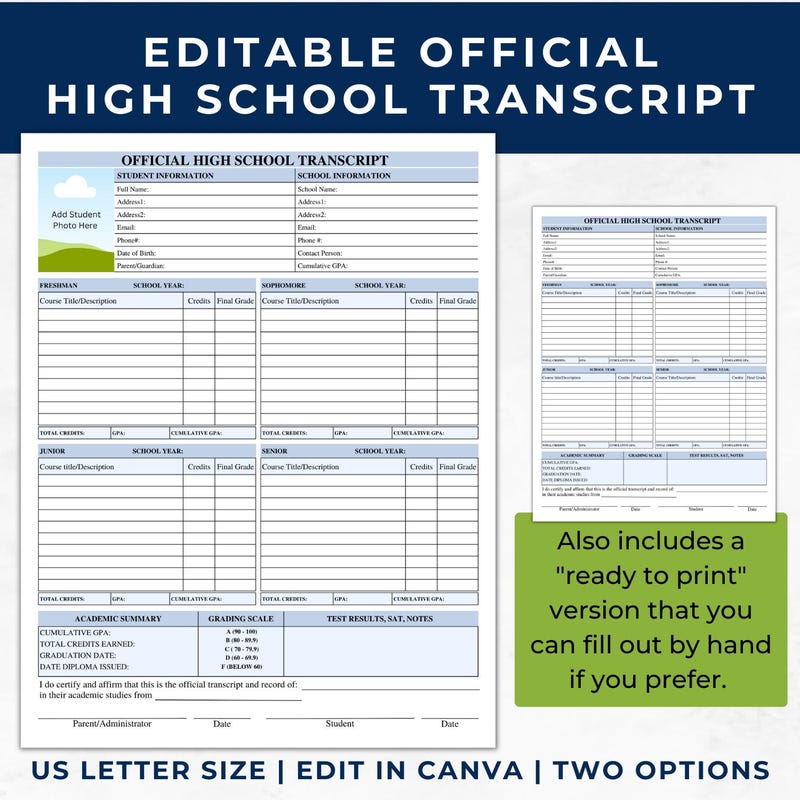 High School Transcript Template Etsy
