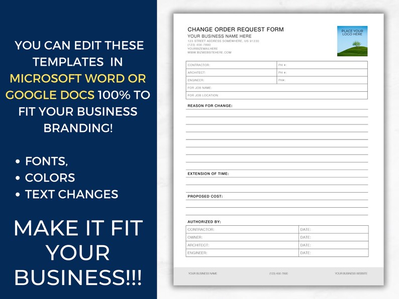 Change Order Request Form WORD Template, Contractor, Construction ...