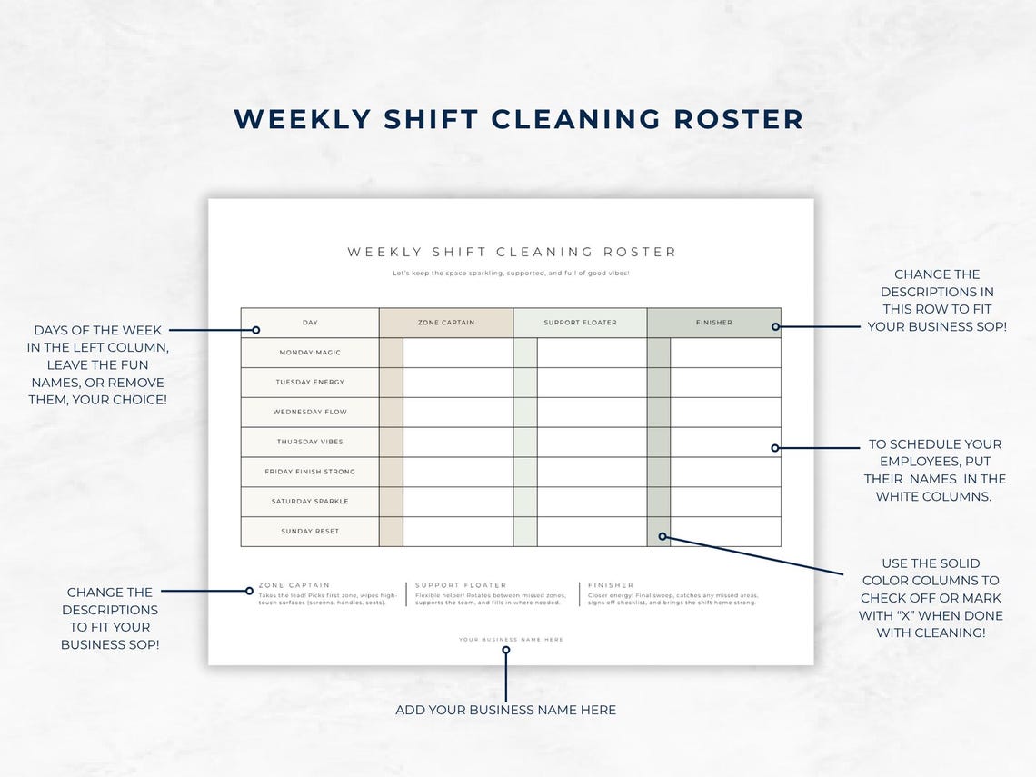 Staff Cleaning Rotation Chart, Cleaning Schedule for Business, Weekly ...