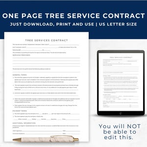 Simple Tree Service Contract, Tree Trimming Business Contract, Basic Tree Care Contract, Tree Maintenance Service Agreement, Printable, TS01