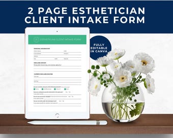 May include: A digital tablet displaying a 2-page esthetician client intake form with sections for personal information, skin care history, and routine. Next to the tablet is a white stylus and a clear glass vase filled with white flowers.