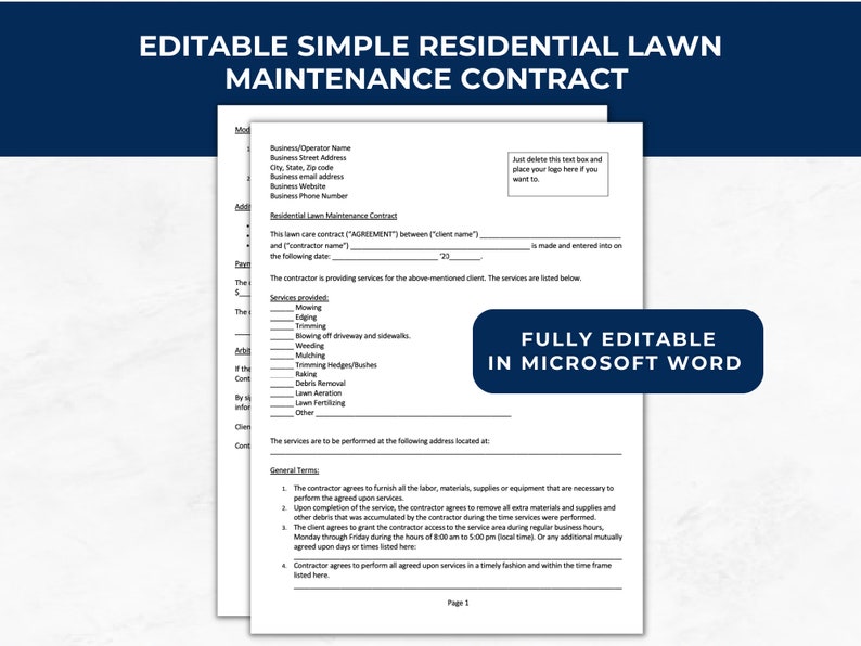 Landscape Contract, Residential Lawn Maintenance, Lawn Mowing, Yard Work, Landscaping Contract Template, Lawn Care Service Agreement, LC01 image 1