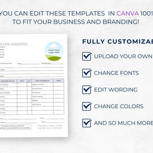 Pode incluir: Um modelo de contrato de cuidado de gramado personaliz&aacute;vel com uma marca de verifica&ccedil;&atilde;o azul ao lado do texto "Carregue seu pr&oacute;prio logotipo", "Altere as fontes", "Edite a reda&ccedil;&atilde;o", "Altere as cores" e "E muito mais!" O modelo inclui uma se&ccedil;&atilde;o para informa&ccedil;&otilde;es da empresa, informa&ccedil;&otilde;es do cliente, servi&ccedil;os de cuidado de gramado e um total. O modelo tamb&eacute;m inclui um espa&ccedil;o para um logotipo e o texto "Insira seu logotipo aqui".