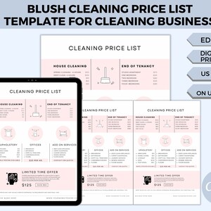 Cleaning Price List, Editable Cleaning Price List, Cleaner Service, Residential Cleaning Business, Blush Price List for Professional Cleaner
