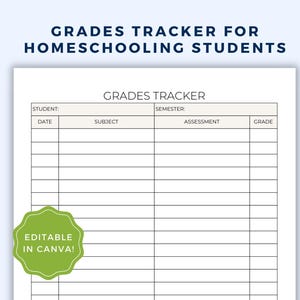 Könnte beinhalten: Ein Notenverfolgungsdokument für Schüler im Heimunterricht mit Spalten für Datum, Fach, Bewertung und Note. Die Überschrift lautet GRADES TRACKER FOR HOMESCHOOLING STUDENTS und ein grünes Abzeichen besagt EDITABLE IN CANVA!