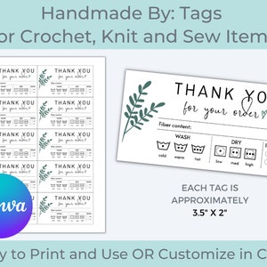 Printable Care Tag, Care Labels, Handmade for you, Washing Instructions, Editable Care Card, Crochet Tags, Care Instructions, Craft Tags