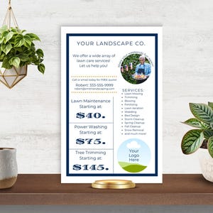 May include: A white flyer with blue and gold accents advertises lawn care services. The flyer has a photo of a man holding a basket of flowers. The text reads "Your Landscape Co." and lists services such as lawn mowing, trimming, blowing, fertilising, and more. Prices are listed for lawn maintenance, power washing, and tree trimming.