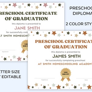 Printable Preschool Graduation Certificates, Homeschool Diploma, Graduation Certificate, PreSchool Diploma Template, Editable Diploma, Boho