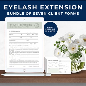 Eyelash Extension Consent Form Bundle, Eyelash Extension Client Intake Form, Lash Consultation Form, Treatment Record Card, Sage Green, EE01