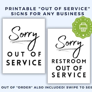 Printable Out Of Service Sign, Out Of Order Sign, Small Business Essential Signs, Restroom Out Of Order, Sorry Out Of Order, Closure Notice