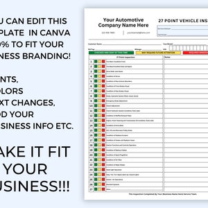 May include: A white 27-point vehicle inspection form with a blue header. The form includes sections for customer information, a checklist, and notes. Text on the form includes "Checked and Okay at this Time" and "May Require Future Attention."