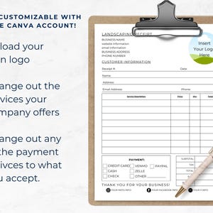 Pode incluir: Um modelo de recibo de paisagismo personaliz&aacute;vel com fundo marrom e borda branca. O modelo inclui campos para informa&ccedil;&otilde;es da empresa, informa&ccedil;&otilde;es do cliente, descri&ccedil;&otilde;es dos servi&ccedil;os, pre&ccedil;os, quantidades, totais e m&eacute;todos de pagamento. O texto "Insira seu logotipo aqui" est&aacute; em um c&iacute;rculo com fundo verde.
