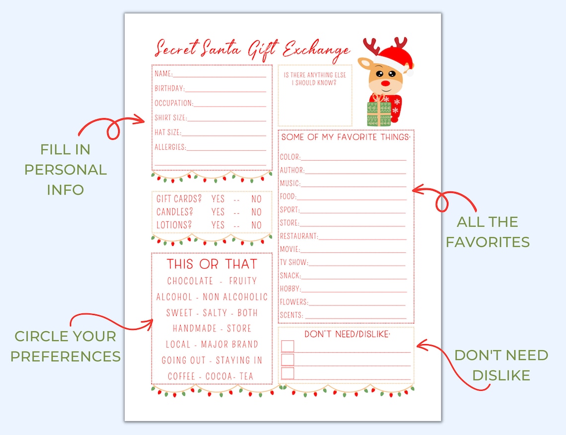 Secret Santa Questionnaire Christmas Wishlist Printable Gift