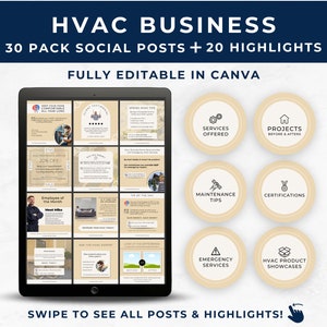 以下が含まれることがあります： HVACビジネスの30のソーシャルメディア投稿と20のハイライトのモックアップを表示するデジタルタブレット。投稿はCanvaで完全に編集可能で、提供されるサービス、ビフォーアフターのプロジェクト、メンテナンスのヒント、認定、緊急サービス、HVAC製品のショーケースなど、さまざまなトピックが含まれています。画像の上部には「HVAC BUSINESS」と「30 PACK SOCIAL POSTS + 20 HIGHLIGHTS」というテキストが表示されています。