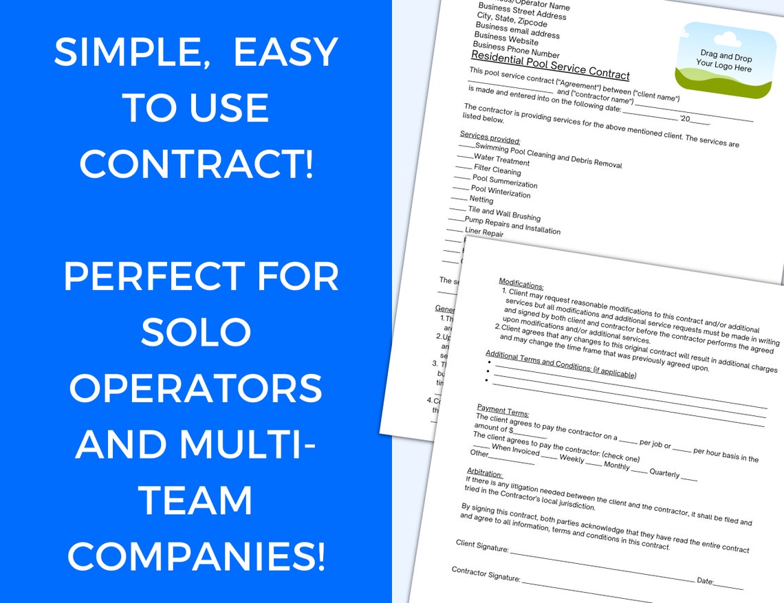 Residential Pool Maintenance Contract, Pool Cleaning Contract, Pool