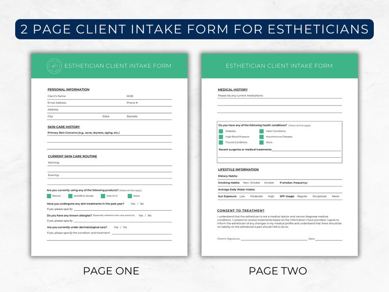 Skin Script Intake Form Client Intake Form for Esthetician, Client Consent Form Esthetician ...
