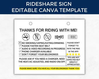 Printable Rideshare Sign, Rideshare Editable Template, Uber Sign, Lyft Sign, Carpool Information Sign, Taxi Sign, Canva Editable Template