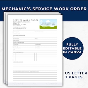 Mechanic Service Work Order, Job Order Form, Repair Job Ticket, Editable Maintenance Request Form, Auto Task Order, Service Department Form