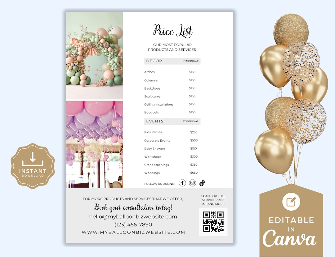 Balloon Decor Price List, Pricing Sheet, Rate Card, Flyer, Balloon