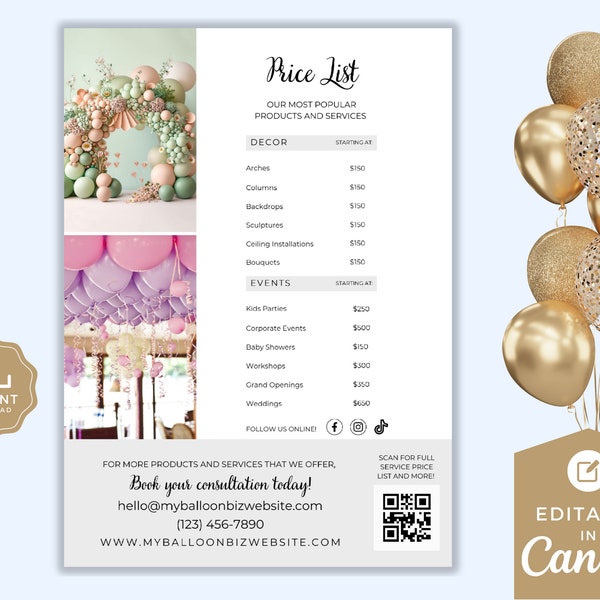 Balloon Decor Price List, Pricing Sheet, Rate Card, Flyer, Balloon Decorations, Balloon Artist, Balloon Business, Information Card, BB01