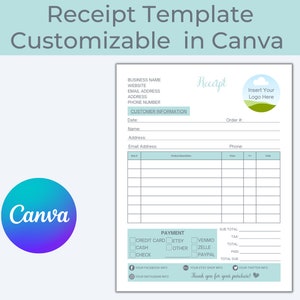 Receipt Template, Business Receipt, Customer Receipt, Sales Receipt, Receipt Form, Canva Editable Template, Small Business Receipt Template