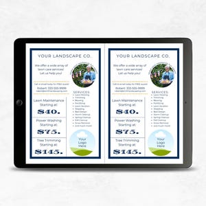 May include: A blue and white flyer for a landscaping company called "Your Landscape Co." The flyer lists services and prices for lawn maintenance, power washing, and tree trimming. The flyer also includes a photo of a man in a blue shirt and a white hat.