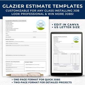 Pode incluir: Dois modelos personalizáveis para orçamentos de projetos de vidraceiros. O primeiro modelo é um formato de uma página para trabalhos rápidos. O segundo modelo é um formato de duas páginas para projetos detalhados. Ambos os modelos incluem seções para informações comerciais, informações do cliente, detalhes do projeto, resumo do custo e termos de pagamento. Os modelos são projetados para serem editados no Canva e são do tamanho carta dos EUA.