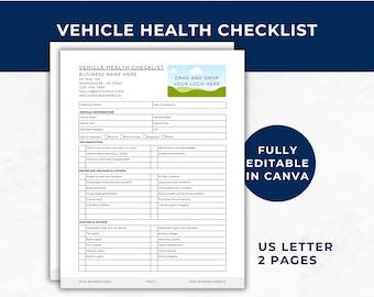 Vehicle Health Checklist, Auto Performance Log, Car Care Record, Automotive Service Checklist, Truck Maintenance, Service Department Form