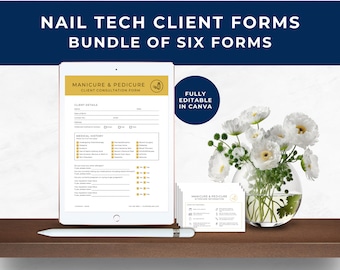 Nail Tech Client Consent Form, Nail Tech Client Consultation Form, Client Treatment Record, Client Intake Form, Weekly Planner, Gold, NT01